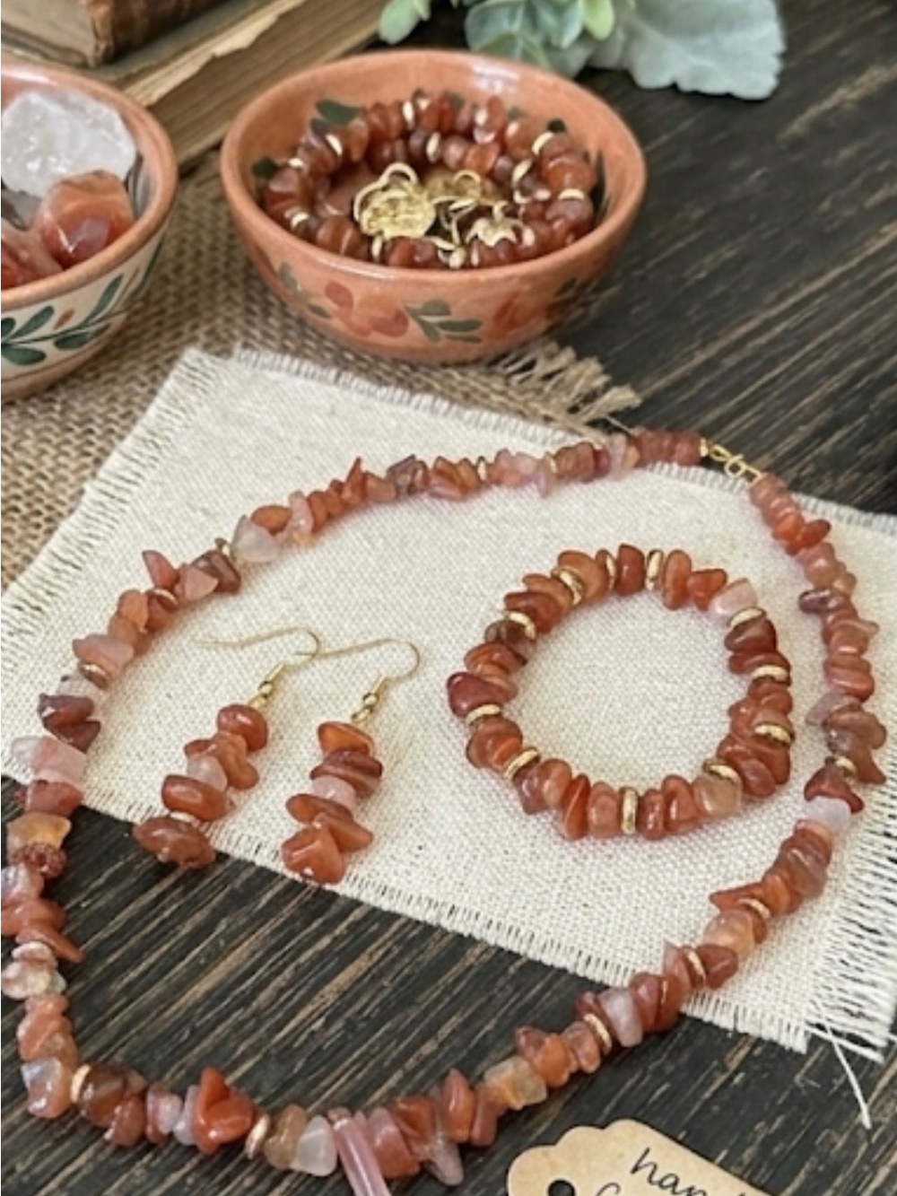 Artisan Brown-Orange Carnelian Chip Necklace, Bracelet & Earring Set